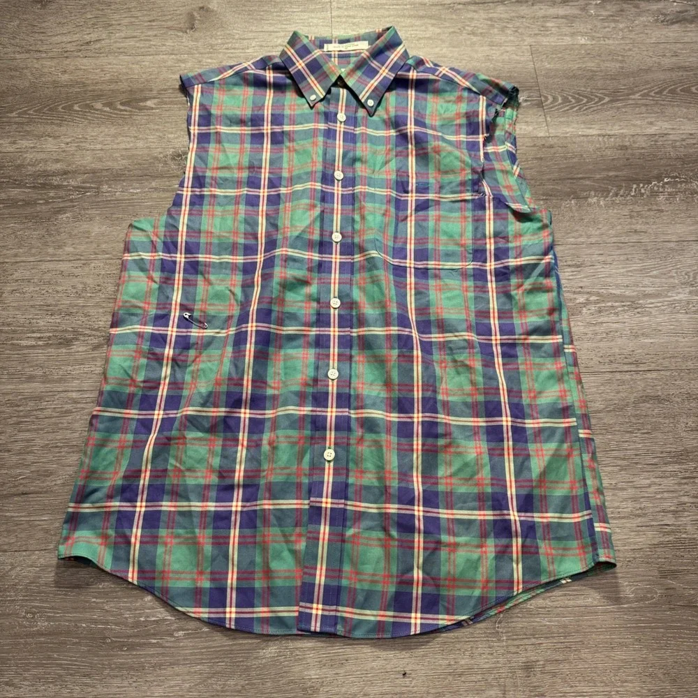 Vintage Orvis Shirt Mens M Plaid 100% Cotton Cut Off Sleeve Oxford Heritage